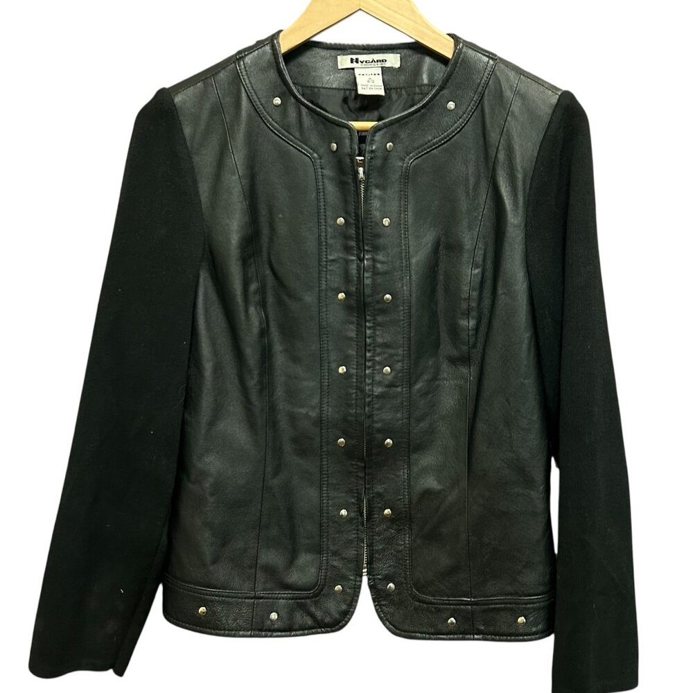 Nygard Collection Black Leather Knit Sleeve Zip Front Jacket Size M